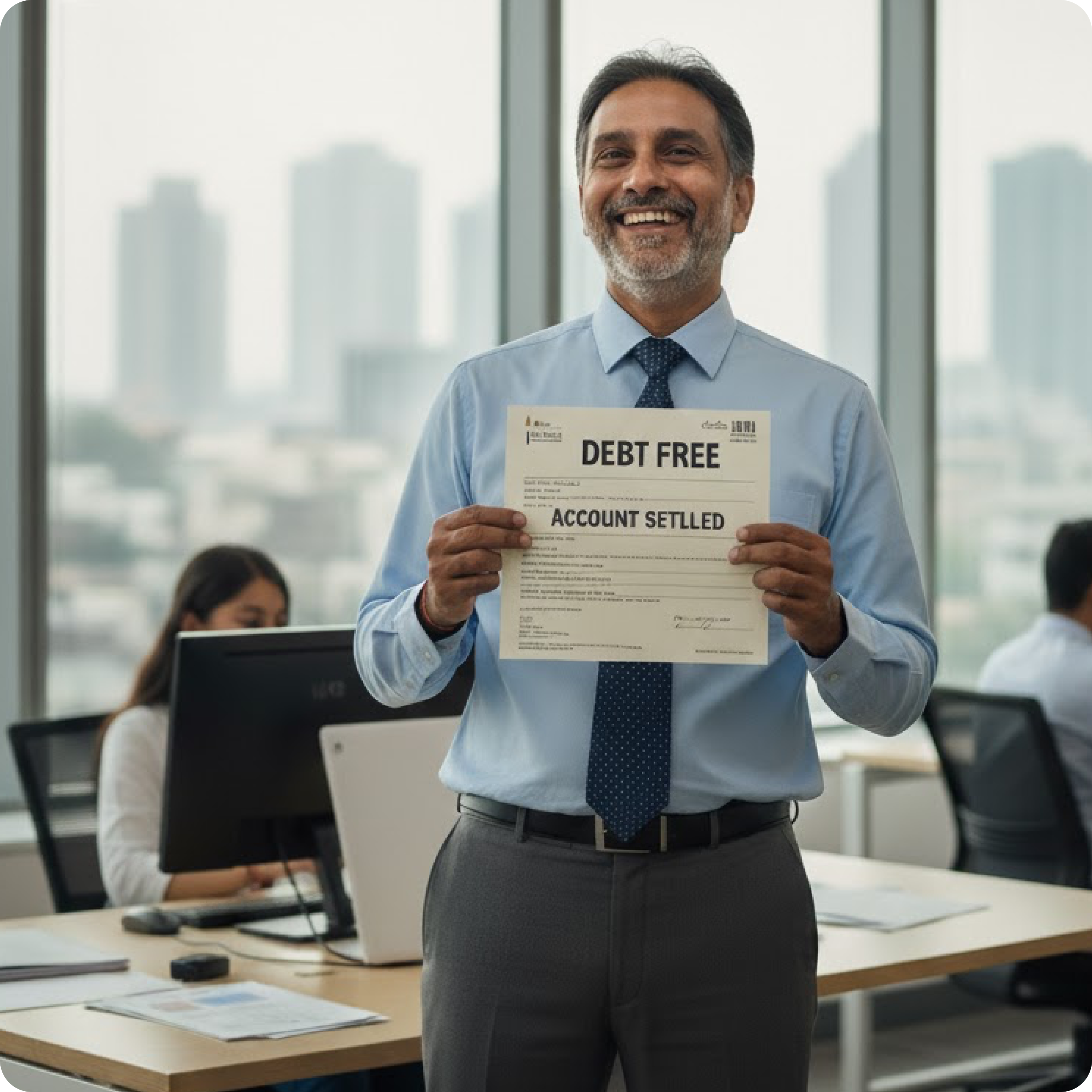 Happy client holding debt settlement document